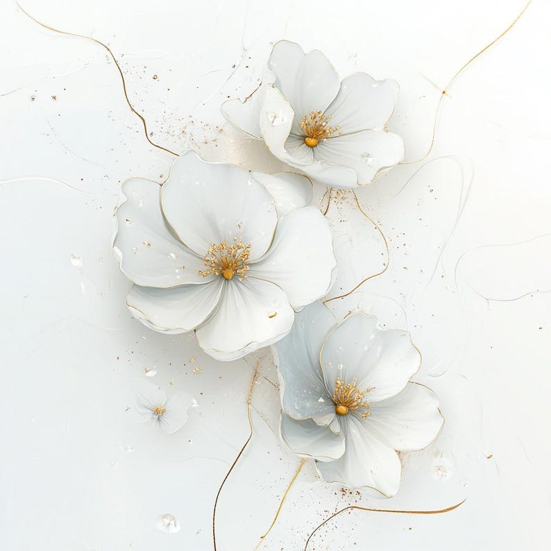 May include: A close-up of white flowers with gold accents. The petals are soft and layered, with a delicate texture. The flower centers are a warm gold color. The background is a soft white with gold lines and specks.