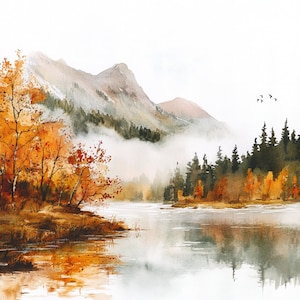 May include: Watercolor painting of a serene autumn landscape. The scene features a calm lake reflecting the surrounding trees and mountains. The trees display vibrant orange and yellow foliage, with a backdrop of misty mountains and a clear sky.