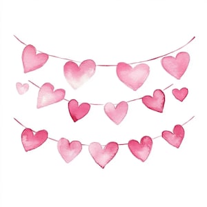 Può includere: Illustrazione ad acquerello di tre ghirlande di festoni a forma di cuore rosa. I cuori, in varie tonalità di rosa, sono su uno sfondo bianco. L'immagine evoca romanticismo e celebrazione.