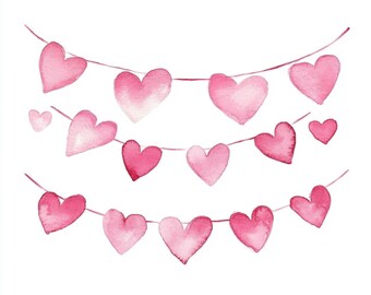 10 Printable Pink Heart garland, watercolor garland, Pink Love Clipart, Commercial Use, Paper design, Making love cards, Heart garlands