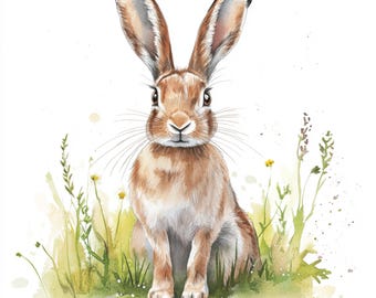 10 Printable hare, wild bunny in forest art, watercolor hare, Animal card decor, hare on forest grass prints, Commercial use