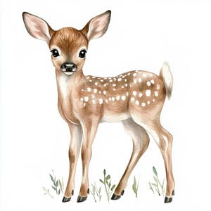 May include: Watercolor illustration of a young deer, or fawn, standing on a white background with sparse green foliage. The deer has brown fur with white spots, large dark eyes, and upright ears. The artwork has a soft, gentle aesthetic.
