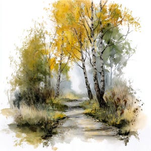 Op de afbeelding: Aquarel schilderij van een bospad in de herfst. Het pad loopt door bomen met gele en groene bladeren. De berken hebben een witte schors met zwarte markeringen. Het schilderij heeft een zachte, dromerige kwaliteit.
