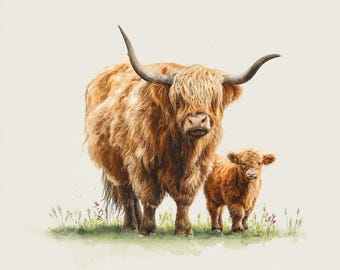 10 Printable mom and baby cows, cows Family, watercolor Highland art, Cute ClipArt, baby Cow, Commercial Use, Farm animal digital art