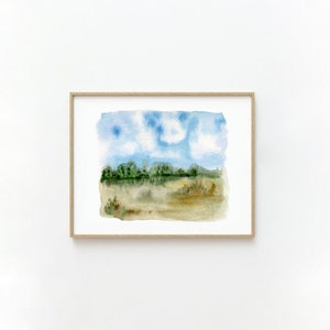 Paisagem de verão em aquarela para impressão, arte de campo e floresta, paisagem de prados, decoração para casa, cartão de felicitações faça você mesmo, modelo criativo, arte abstrata