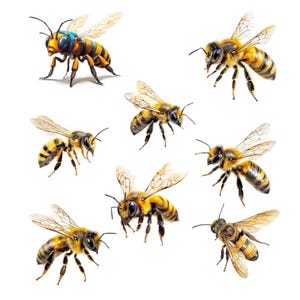 May include: A collection of detailed illustrations of bees on a white background. The bees are depicted in various poses, showcasing their yellow and black striped bodies, wings, and antennae. Some bees have a blue and yellow head.