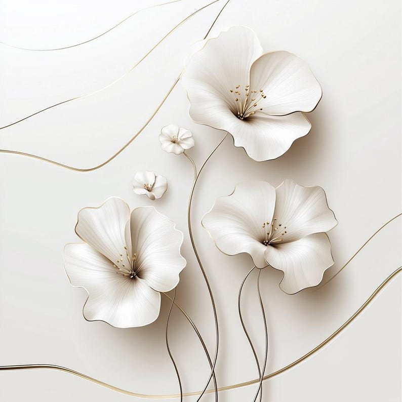 May include: A 3D floral design featuring white flowers with gold accents and stems against a white background. The flowers have detailed petals and a central stamen. Gold lines curve across the background, adding a touch of elegance.