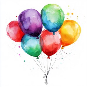 10 ballons colorés aquarelles imprimables, ballons aquarelles, clipart célébration, usage commercial, conception de papier, fabrication de cartes de voeux
