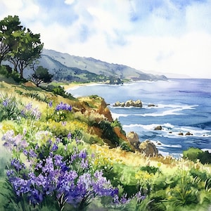 10 stampabili paesaggio costiero della California, paesaggio marino dell'oceano ad acquerello, clipart del paesaggio, uso commerciale, design della carta, creazione di biglietti