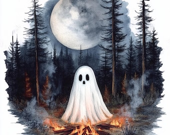 10 Printable Halloween Ghost , Ghost Clipart, autumn art, ghosts in forest PNG, Cute Ghost, Fall decor, Commercial Use, Ghost with moon