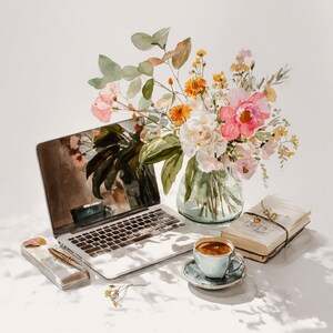 May include: A watercolor illustration featuring an open silver laptop, a clear glass vase filled with pink, white, and orange flowers, a light blue ceramic coffee cup on a matching saucer, a closed book with a strap, and a gold pen in a case.