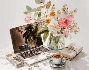 10 Printable laptop, Beautiful still life, Computer on table, watercolor Computer , Commercial use, laptop with flowers poster