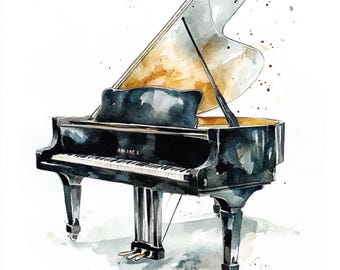 Può includere: Dipinto ad acquerello di un pianoforte a coda nero con il coperchio aperto. Il pianoforte ha tasti bianchi e dettagli neri. L'interno del coperchio è di un caldo colore dorato. La parola "AM ARCA" è visibile sul pianoforte.