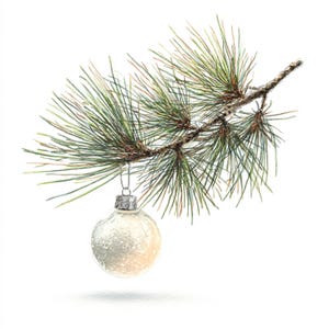 May include: A watercolor illustration of a Christmas ornament hanging from a pine branch. The ornament is a frosted white sphere with a silver cap. The pine branch has green needles and a brown stem, set against a white background.