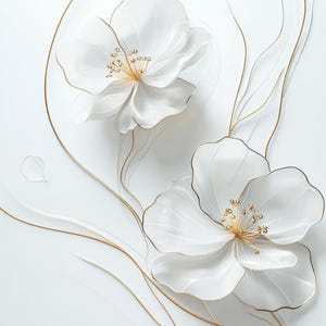 May include: A close-up of two white flowers with gold accents. The petals are delicate and translucent, with gold outlines and centers. Gold stems and leaves curve around the flowers against a white background. The overall theme is floral and elegant.