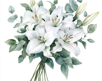 10 Printable White wedding flower, White wedding, wedding bouquet JPGs, Summer wedding flowers, High Quality PNG and JPG, White Lily bouquet