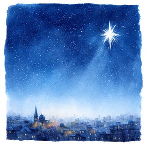 Puede incluir: Pintura a la acuarela de un cielo nocturno sobre una ciudad. Una estrella brillante brilla en la parte superior derecha, con un rastro de luz. El horizonte de la ciudad se silueta contra el cielo azul y blanco estrellado, con edificios iluminados.