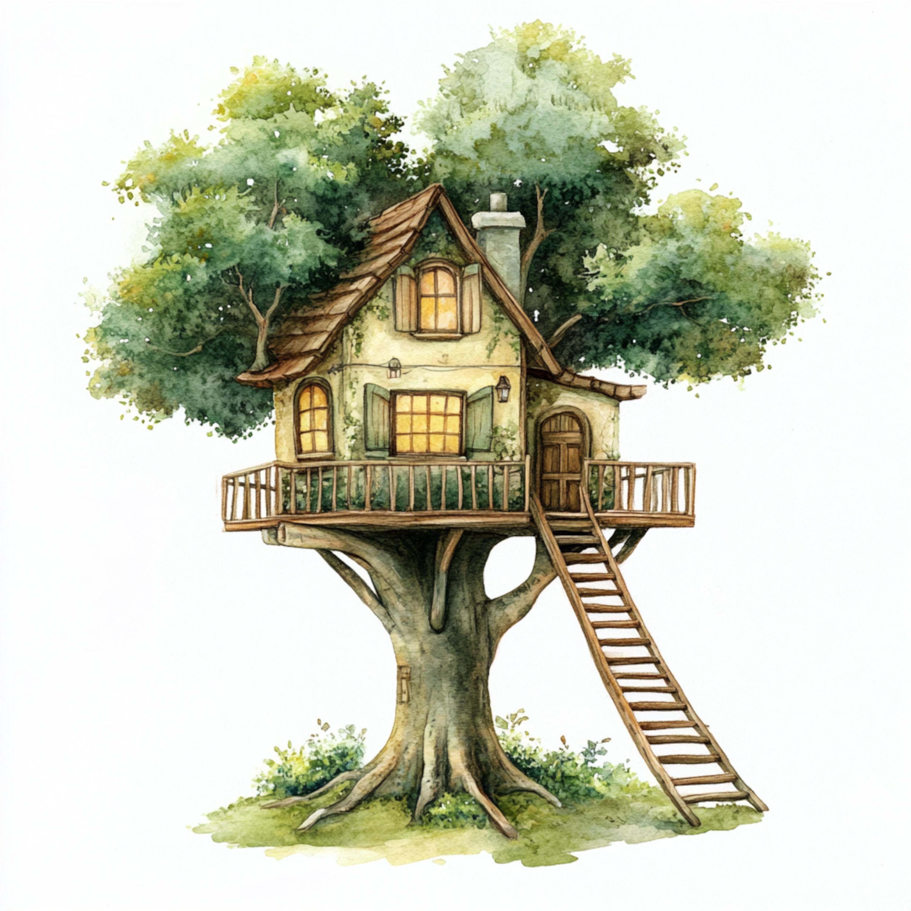 Treehouse Print 10 Printable Tree House, House Tree Print, Watercolor Trees, Fairy Tree ...