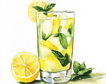 10 Printable Lemonade art, Watercolor Lemonade, Lime Lemonade, Kitchen decoration, Drinks Clipart,  beverage print, restaurant wall art