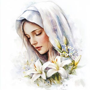 10 Vergine Maria stampabile, Clipart di biglietti di Pasqua, Clipart di acquerelli, Maria biblica, Buono regalo di Pasqua, Maria con giglio bianco, Dipinto religioso