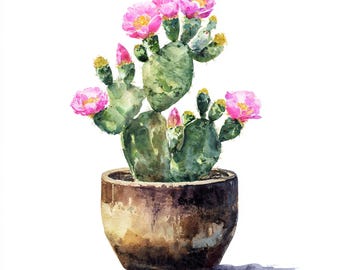 12 Printable Cactus in pot, Green Cactus art, Watercolor Cactus, Cactus blooming, High Quality PNG and JPG, Digital download, Cactus flowers