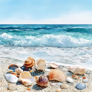 May include: A watercolour painting depicting seashells scattered on a sandy beach, with the ocean visible in the background. The shells are in shades of tan, white, and orange. The sea is a bright blue with white-crested waves.