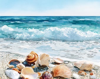 10 Printable shells in waves, Shells clipart, Blue ocean water, watercolor waves art, sea shells art, watercolor water, Commercial use