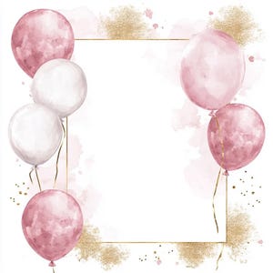 Op de afbeelding: Een aquarel-illustratie van roze en witte ballonnen met gouden glitteraccenten. De ballonnen zijn rond een gouden frame op een witte achtergrond gerangschikt.