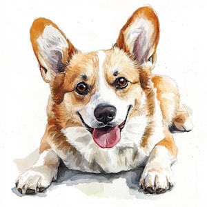 Op de afbeelding: Aquarel schilderij van een Corgi hond die ligt, met een vrolijke uitdrukking. De hond heeft bruine en witte vacht, grote oren en een roze tong. Het kunstwerk is gedetailleerd en realistisch, met zachte schaduwen en highlights.