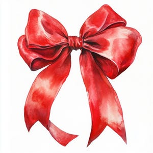 Pode incluir: Uma pintura em aquarela de um grande laço vermelho vibrante. O laço é amarrado no centro com longas fitas esvoaçantes que se estendem para baixo. A obra de arte é detalhada, com sombreamento e destaques que dão ao laço uma aparência tridimensional.