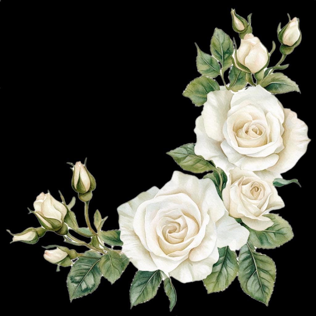 10 Printable White Rose Corner, Watercolor Flowers, White Roses Clipart ...