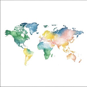 Pode incluir: Mapa-múndi em aquarela em tons de azul, verde, amarelo e rosa sobre fundo branco. Os continentes são representados com cores misturadas, criando um efeito artístico suave. Uma peça decorativa para casa.