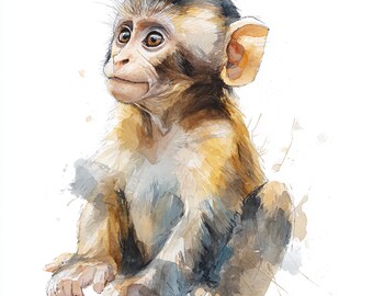 10 Printable monkey, monkey Clipart, watercolor baby monkey, monkey posters, Commercial Use, animal digital art, monkey on tree