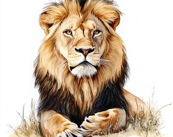 10 Printable Leon Clipart, Cute wild Cat art, watercolor art, Leon on grass wall art, Commercial Use, Various beautiful big cat poster