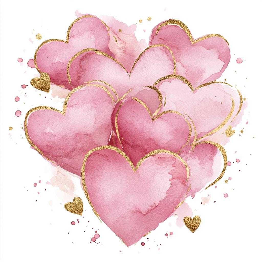 10 Printable Pink Heart, Pink and Gold Hearts Art, Watercolor Clipart ...