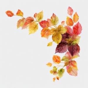 May include: Watercolor illustration of autumn leaves in shades of red, orange, yellow, and green. The leaves are arranged in a corner design, with a white background. The artwork captures the essence of fall.