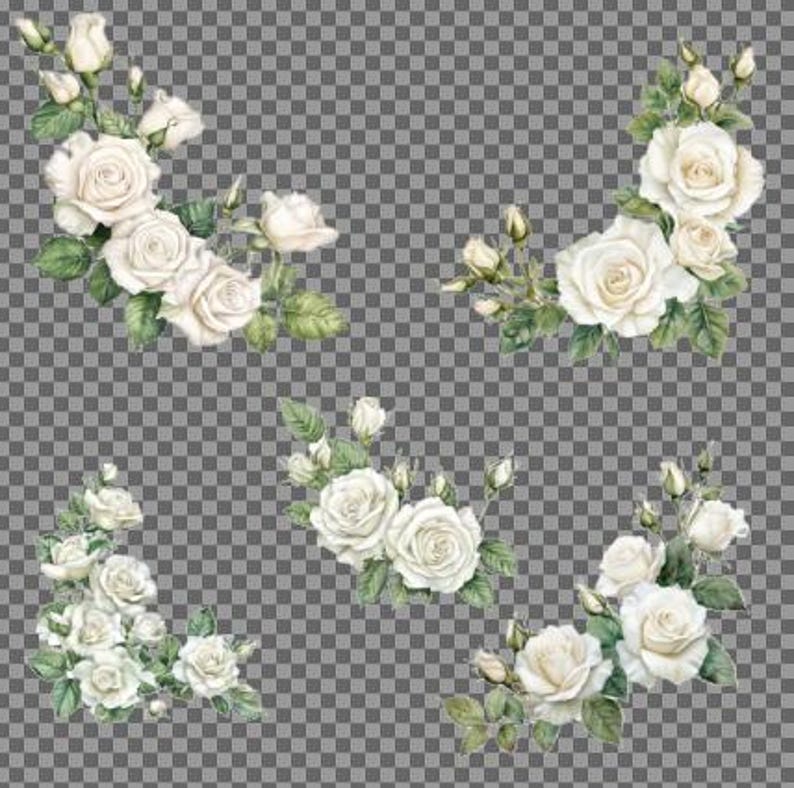 10 Printable White Rose Corner, Watercolor Flowers, White Roses Clipart ...