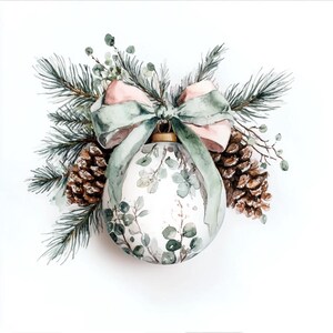 May include: A watercolor Christmas ornament with a white base, adorned with green and gray eucalyptus leaves. A light pink and green bow sits atop the ornament, surrounded by pine needles and pine cones. The ornament has a gold-colored cap.