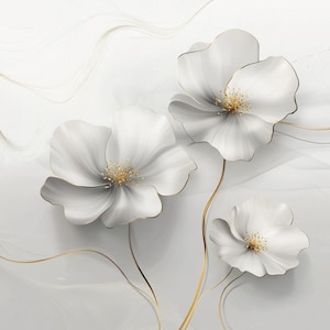 May include: Three white flower blossoms with gold accents and stems against a soft gray background. The petals have a subtle gradient, and the centers are detailed with gold. The overall design is elegant and modern, suitable for wall art or home decor.