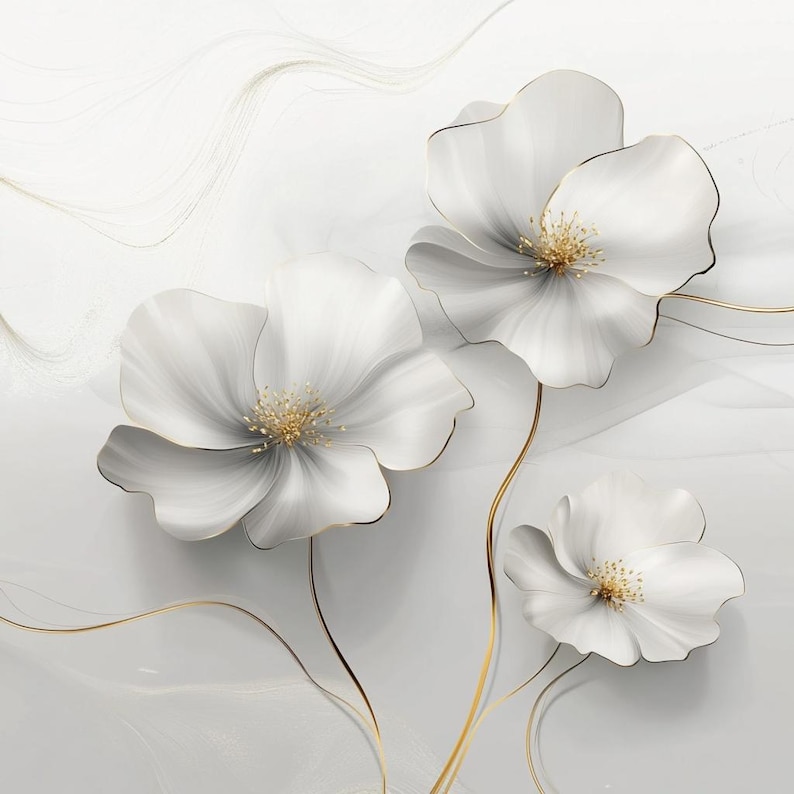 May include: Three white flower blossoms with gold accents and stems against a soft gray background. The petals have a subtle gradient, and the centers are detailed with gold. The overall design is elegant and modern, suitable for wall art or home decor.