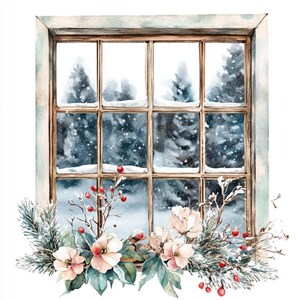 Può includere: Dipinto ad acquerello di una finestra che si affaccia su una scena invernale innevata. La cornice della finestra è in legno marrone chiaro e adornata con una composizione floreale di fiori rosa, bacche rosse e rami sempreverdi. I fiocchi di neve cadono delicatamente.