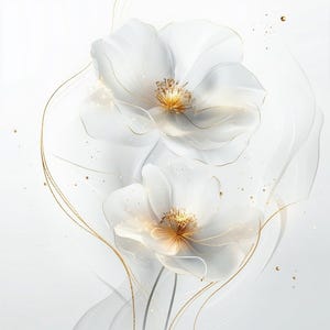 May include: Two white flowers with delicate petals and golden centers. Fine gold lines and small gold specks accent the flowers against a soft white background. The image evokes a sense of elegance and natural beauty.