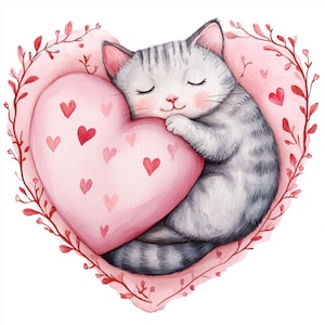 10 chats imprimables avec coeur, art chat mignon, clipart aquarelle, haute qualité PNG et JPG, téléchargement numérique, usage Commercial