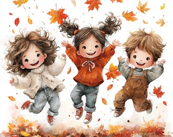 10 Printable Fall kids, Fall children, Watercolor little kids, Fall Mood, autumn kids, High Quality PNG and JPG, jumping in leaves