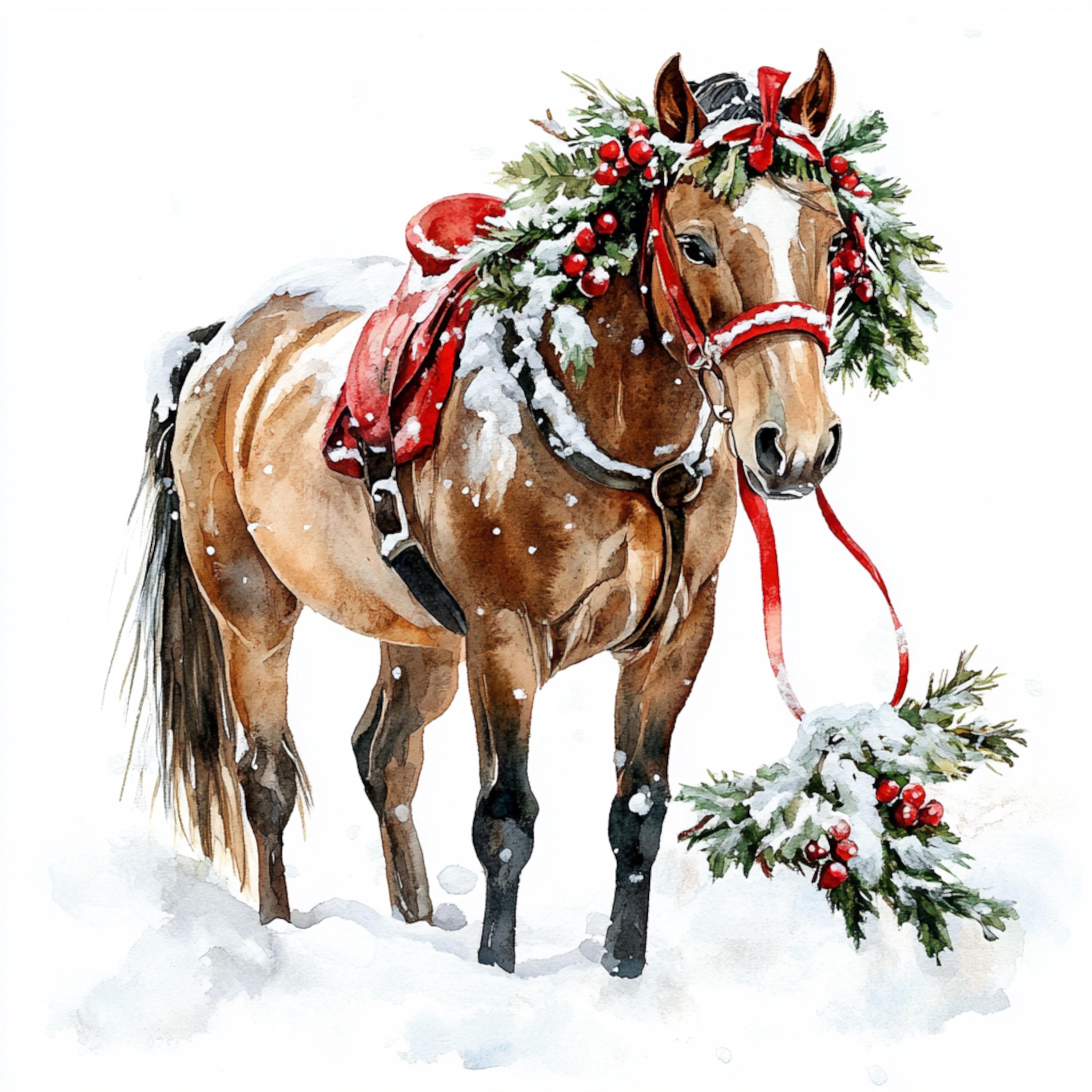 10 Printable Horse Clipart, Christmas Horse Print, Watercolor Christmas ...