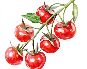10 Printable Cherry tomatoes, Vegetables art, tomatoes print, watercolor food, Summer illustrations, Healthy food, Garden lover card