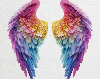 10 Printable rainbow Wings, Angel Wings, watercolor rainbow Wings, JPGs and PNG, Digital Card making, Commercial Use, colorful feathers