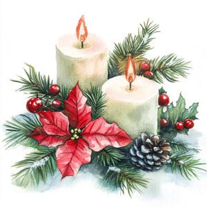 May include: Watercolor illustration of two lit candles surrounded by Christmas greenery, red berries, a poinsettia, and a pine cone. The candles have a soft, off-white color, and the flames are orange. The overall theme is festive and seasonal.