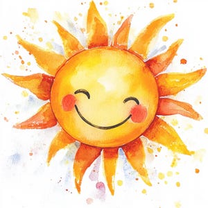 May include: Watercolor illustration of a smiling sun with orange rays and a yellow center. The sun has rosy cheeks and a black curved smile. Splatters of orange, yellow, and purple surround the sun on a white background.