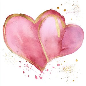 10 Printable Pink Heart, Pink and Gold Hearts Art, Watercolor Clipart ...